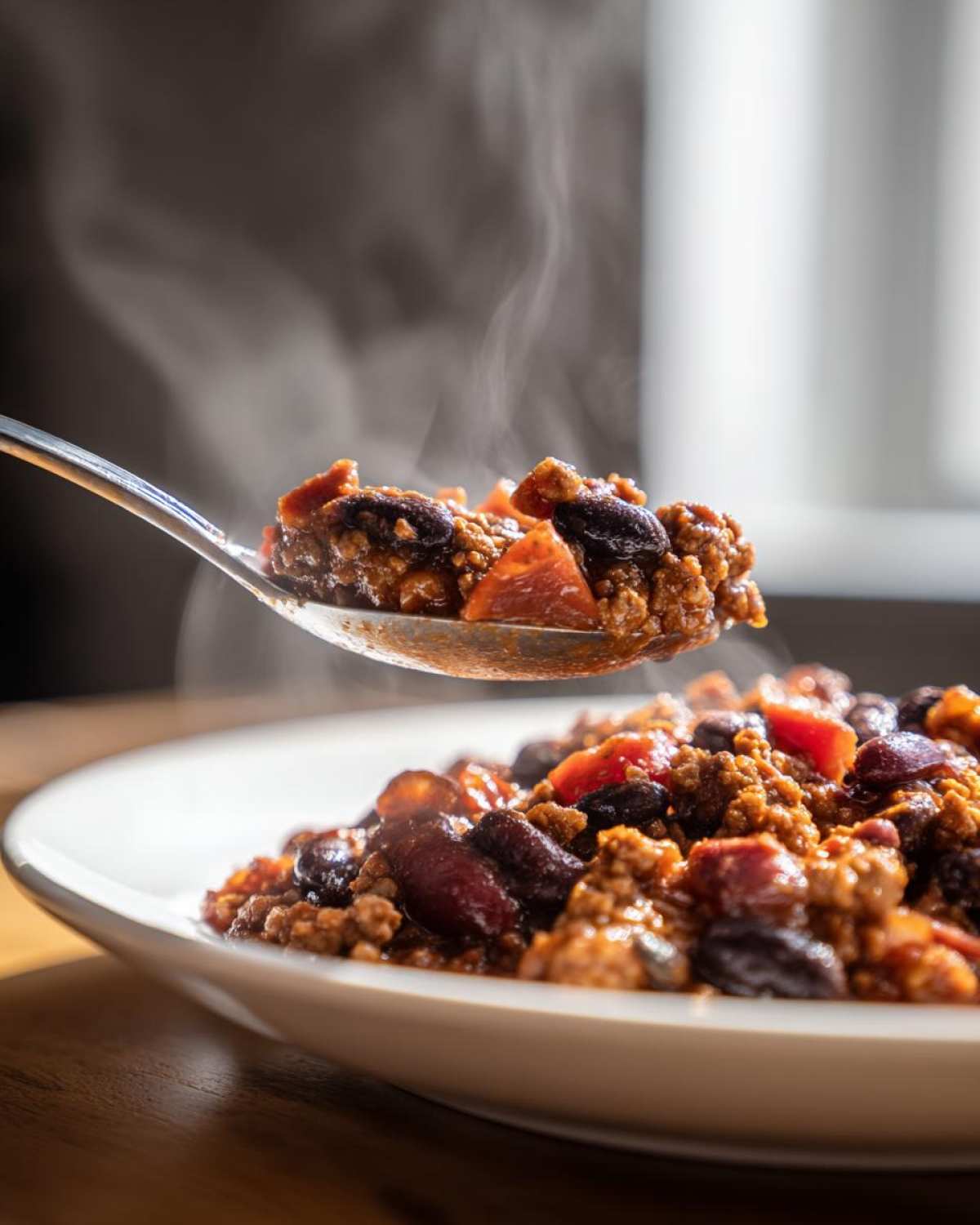 A spoonful of steaming hot high protein chili, rich with ground meat and kidney beans, being lifted above a white bowl.