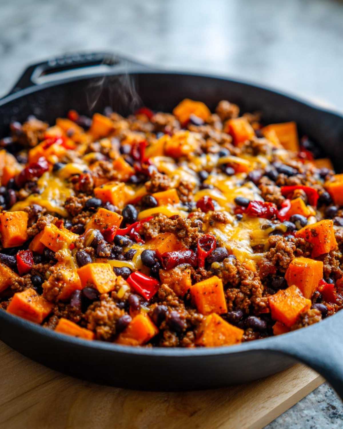 Close-up of a steaming sweet potato skillet filled with ground meat, black beans, peppers, and melted cheese.