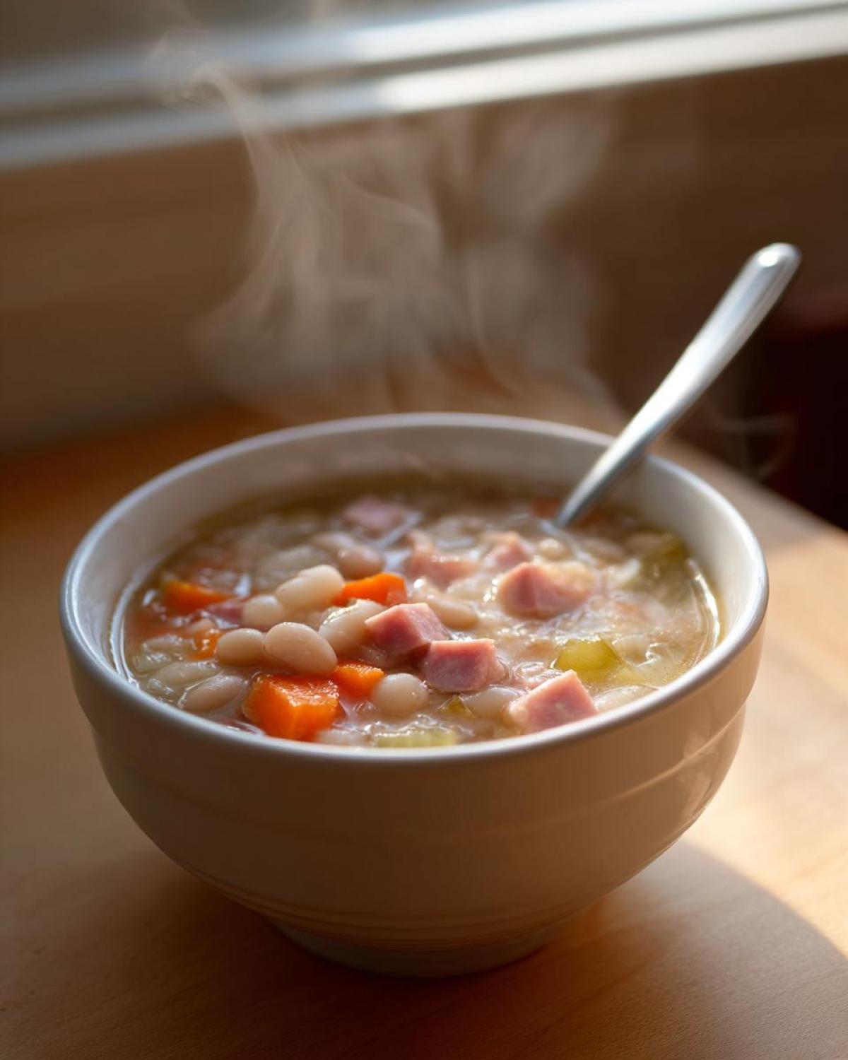 A steaming white bowl filled with homemade bean soup containing white beans, diced carrots, and chunks of ham, set near a window.