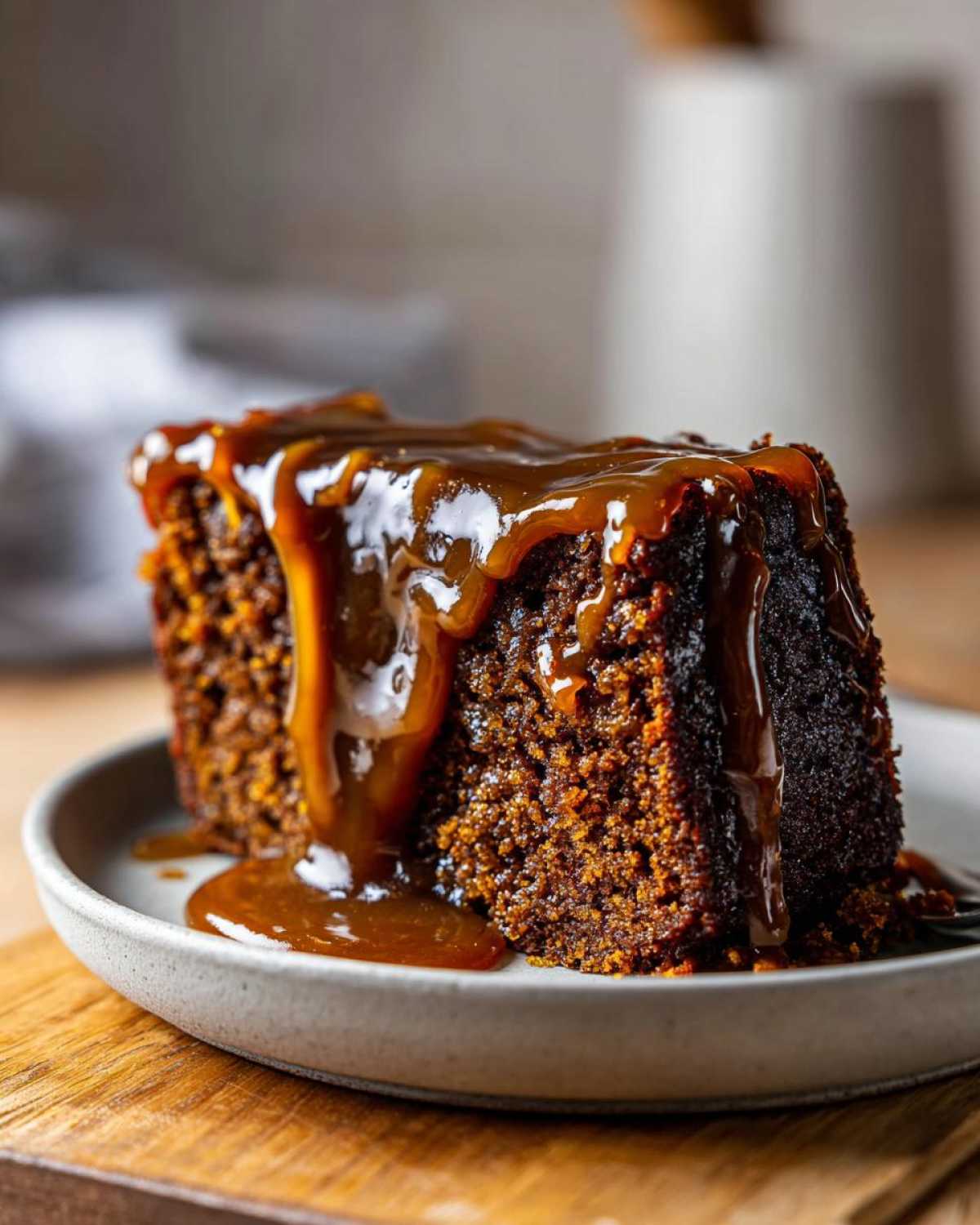 Close-up of a moist slice of sticky toffee pudding generously covered in rich, dripping caramel sauce.