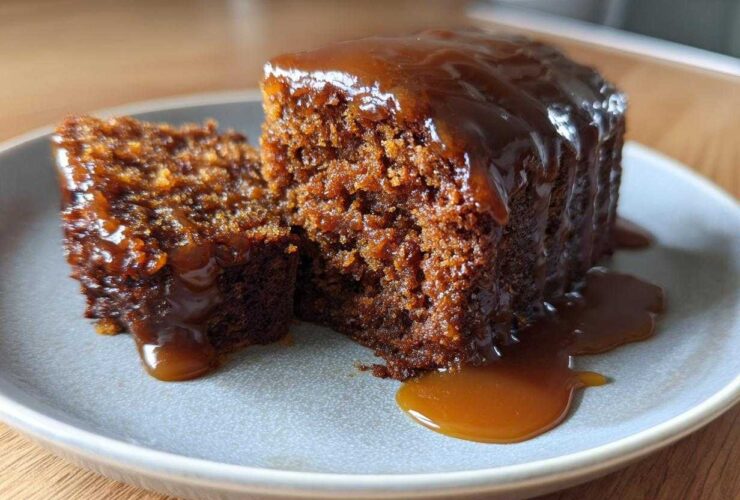 Close-up of a rich, moist slice of sticky toffee pudding recipe covered in thick toffee sauce.