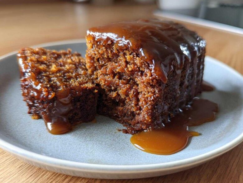 Close-up of a rich, moist slice of sticky toffee pudding recipe covered in thick toffee sauce.