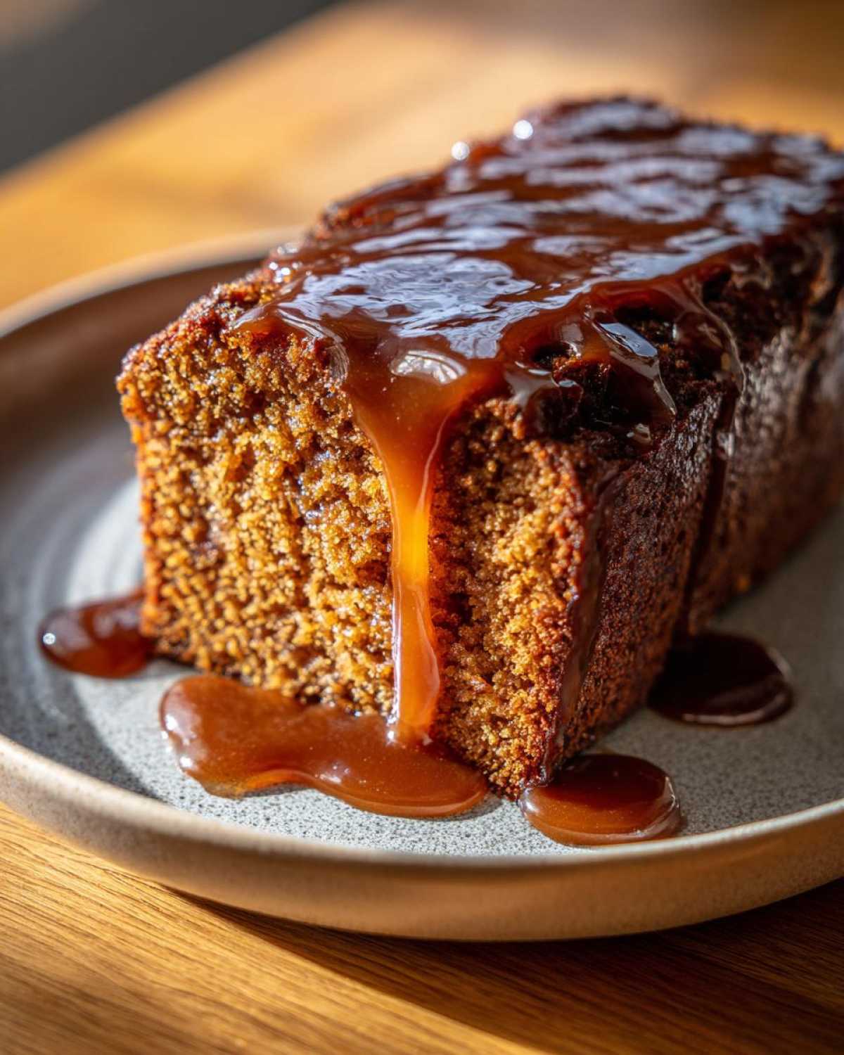 A close-up of a moist slice of sticky toffee pudding recipe cake covered in rich caramel sauce.