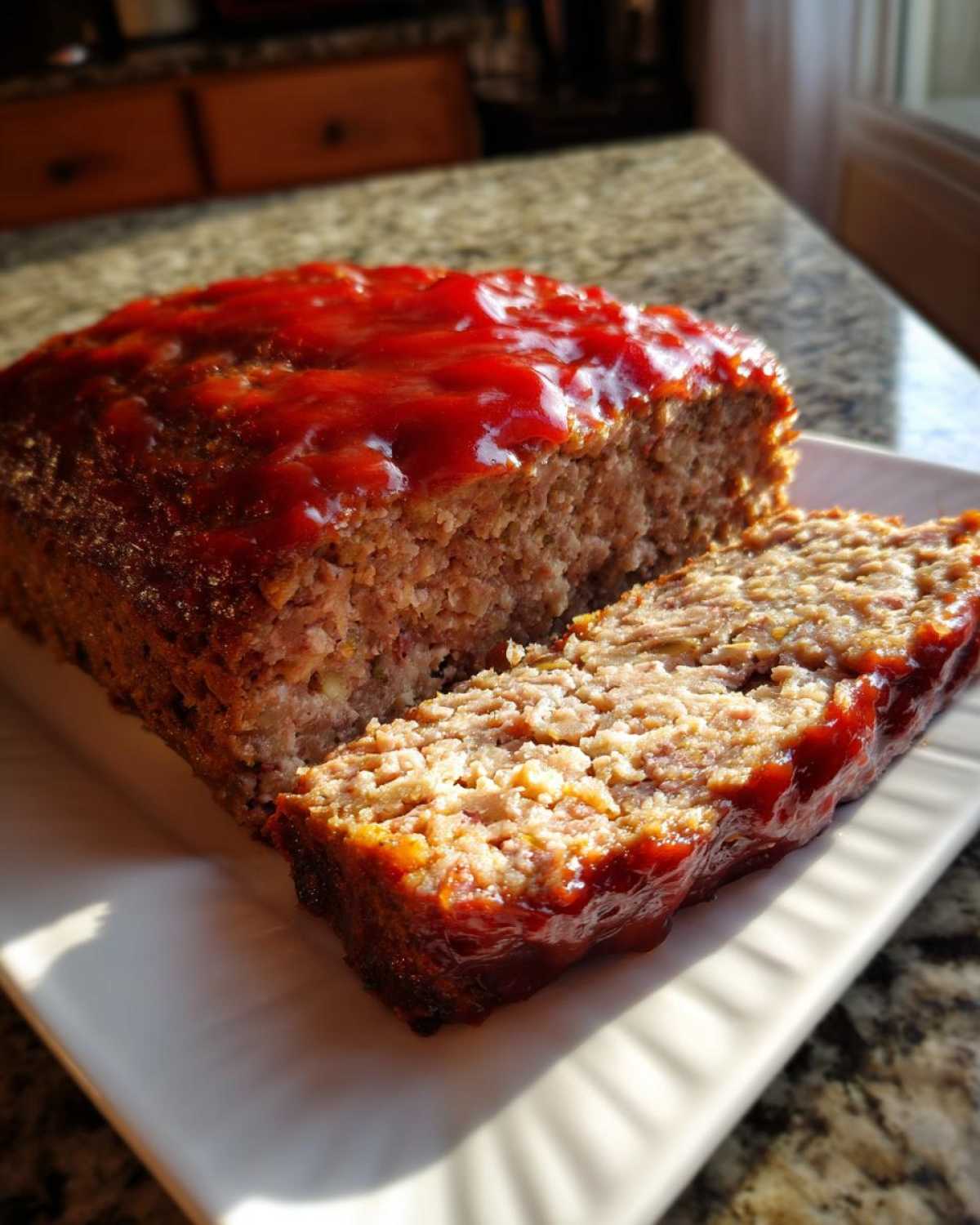 A freshly baked stove top stuffing meatloaf, partially sliced, topped with a shiny red glaze.