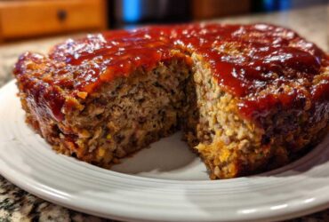 Close-up of a round stove top stuffing meatloaf with a slice removed, covered in a shiny red glaze.