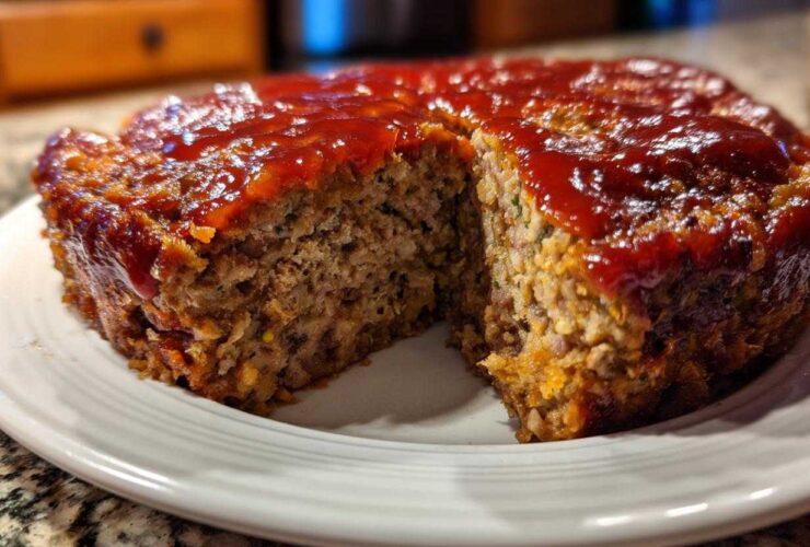 Close-up of a round stove top stuffing meatloaf with a slice removed, covered in a shiny red glaze.
