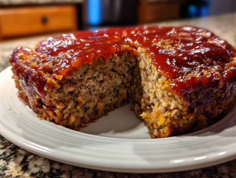 Close-up of a round stove top stuffing meatloaf with a slice removed, covered in a shiny red glaze.