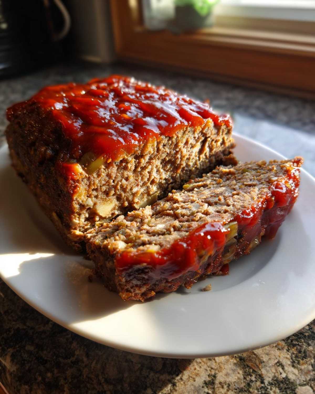 A close-up of a sliced stove top stuffing meatloaf covered in a shiny red glaze, sitting on a white plate.