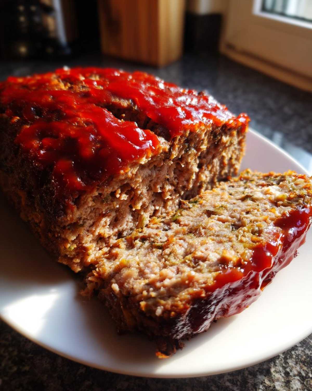 A slice cut from a moist stove top stuffing meatloaf topped with a shiny red ketchup glaze.