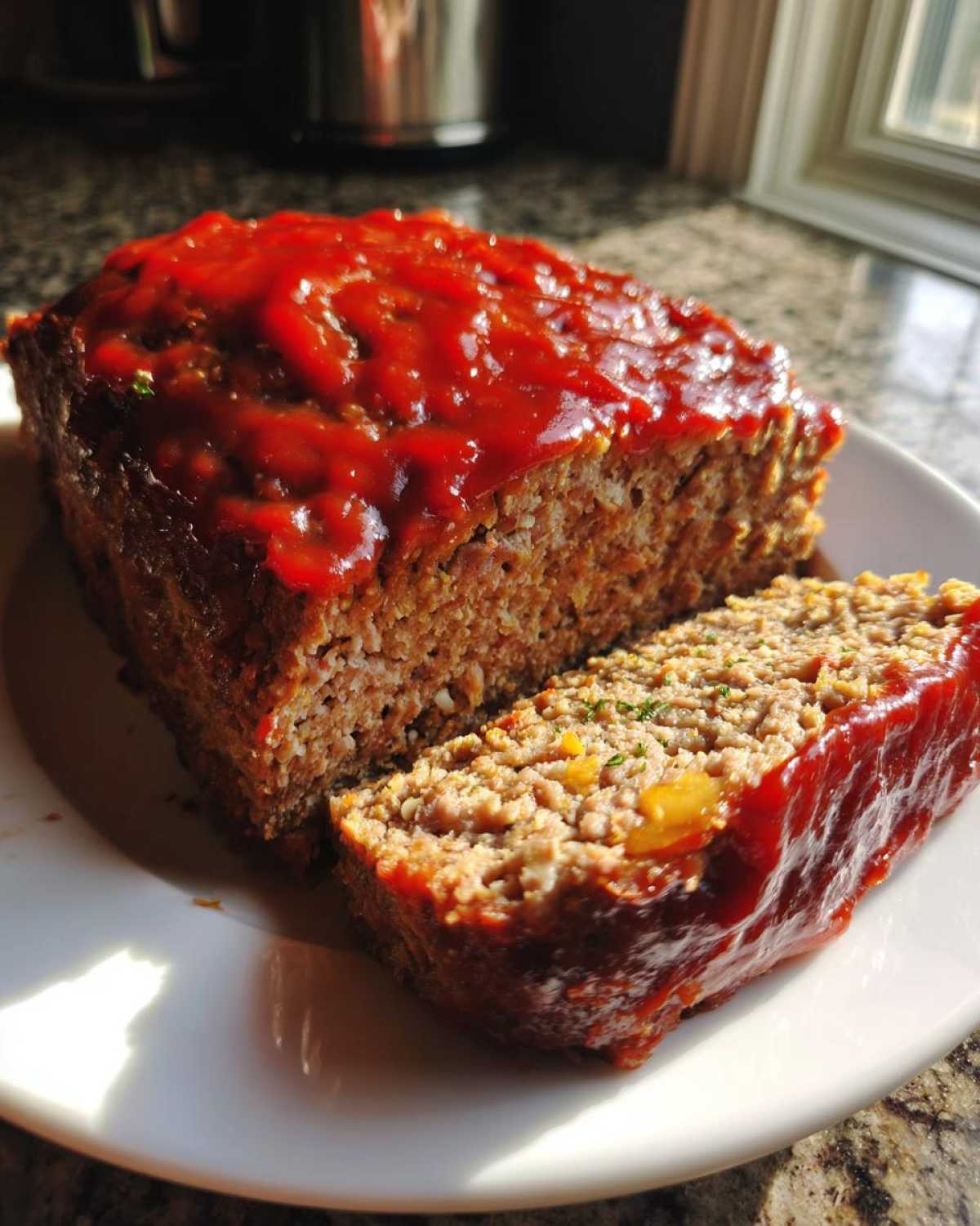 A freshly baked stove top stuffing meatloaf, partially sliced, covered in a shiny red glaze.