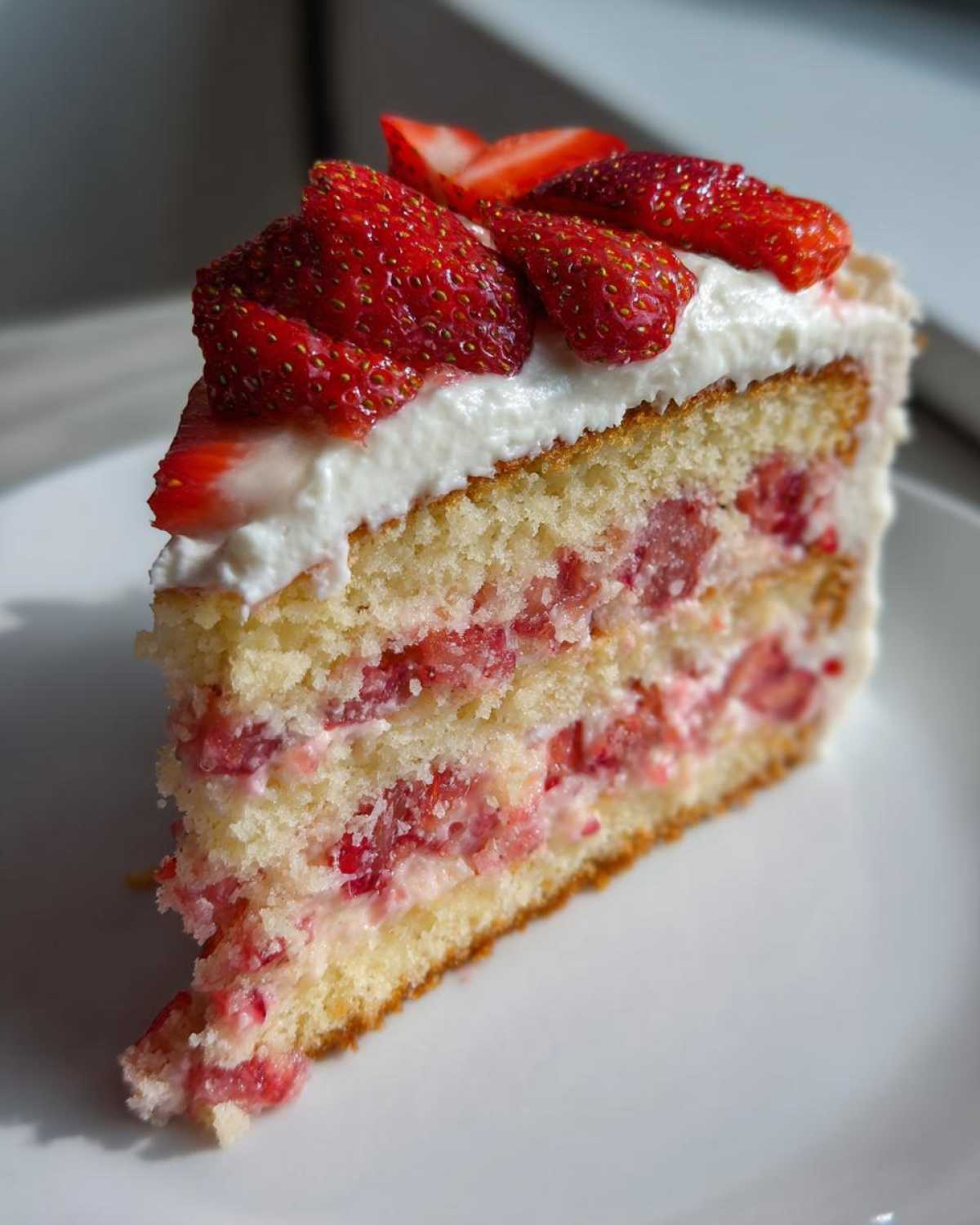 A tall slice of moist strawberry cake with layers of cream and fresh strawberries on top.