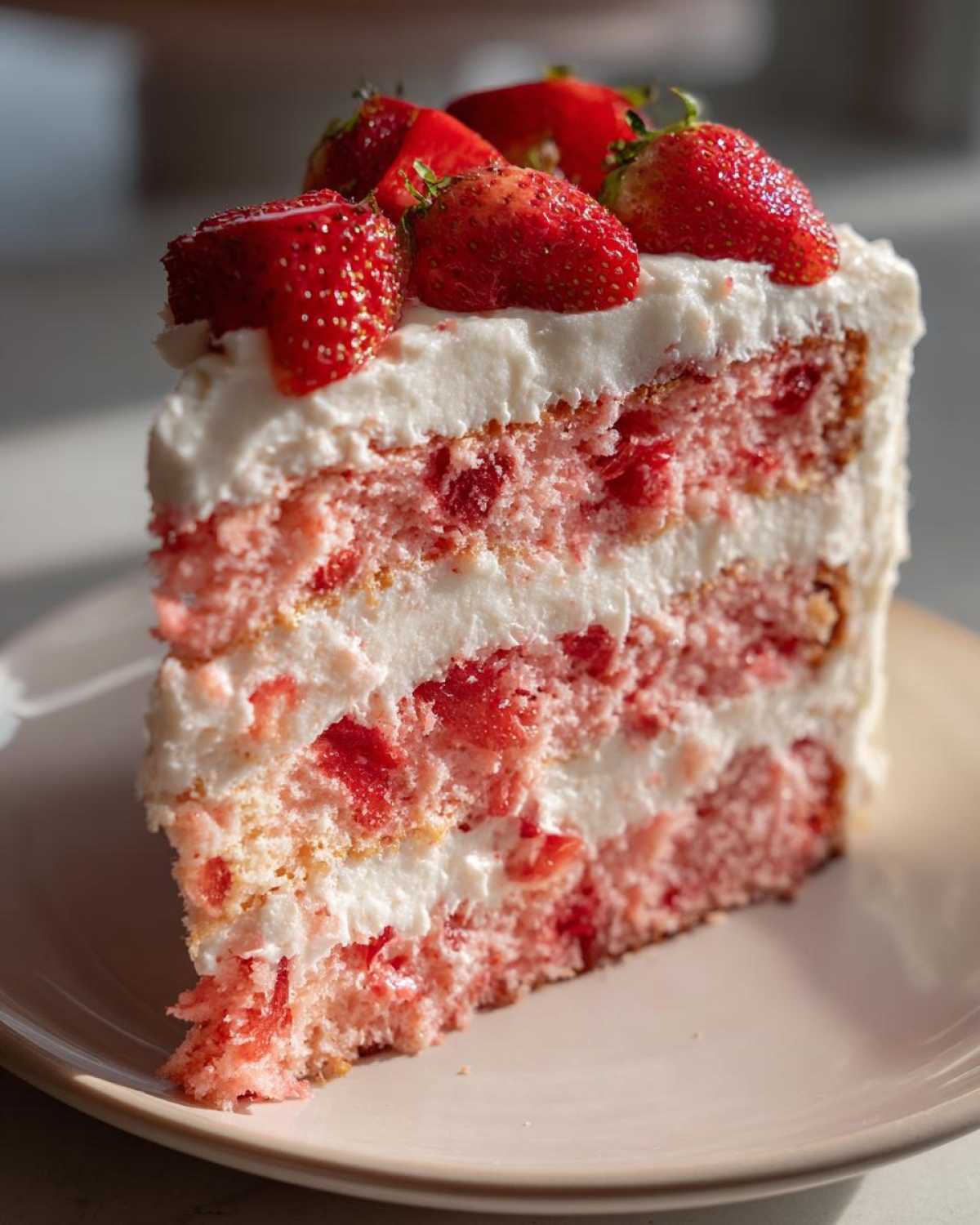 Close-up of a moist slice of strawberry cake layered with white frosting and topped with fresh strawberries.