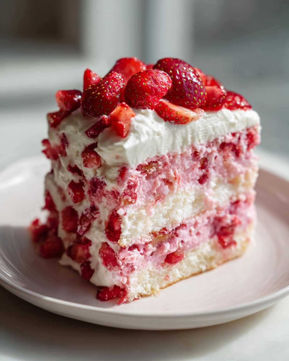 A tall, layered slice of strawberry cake with white cake, pink strawberry filling, and whipped cream, topped with fresh strawberries.