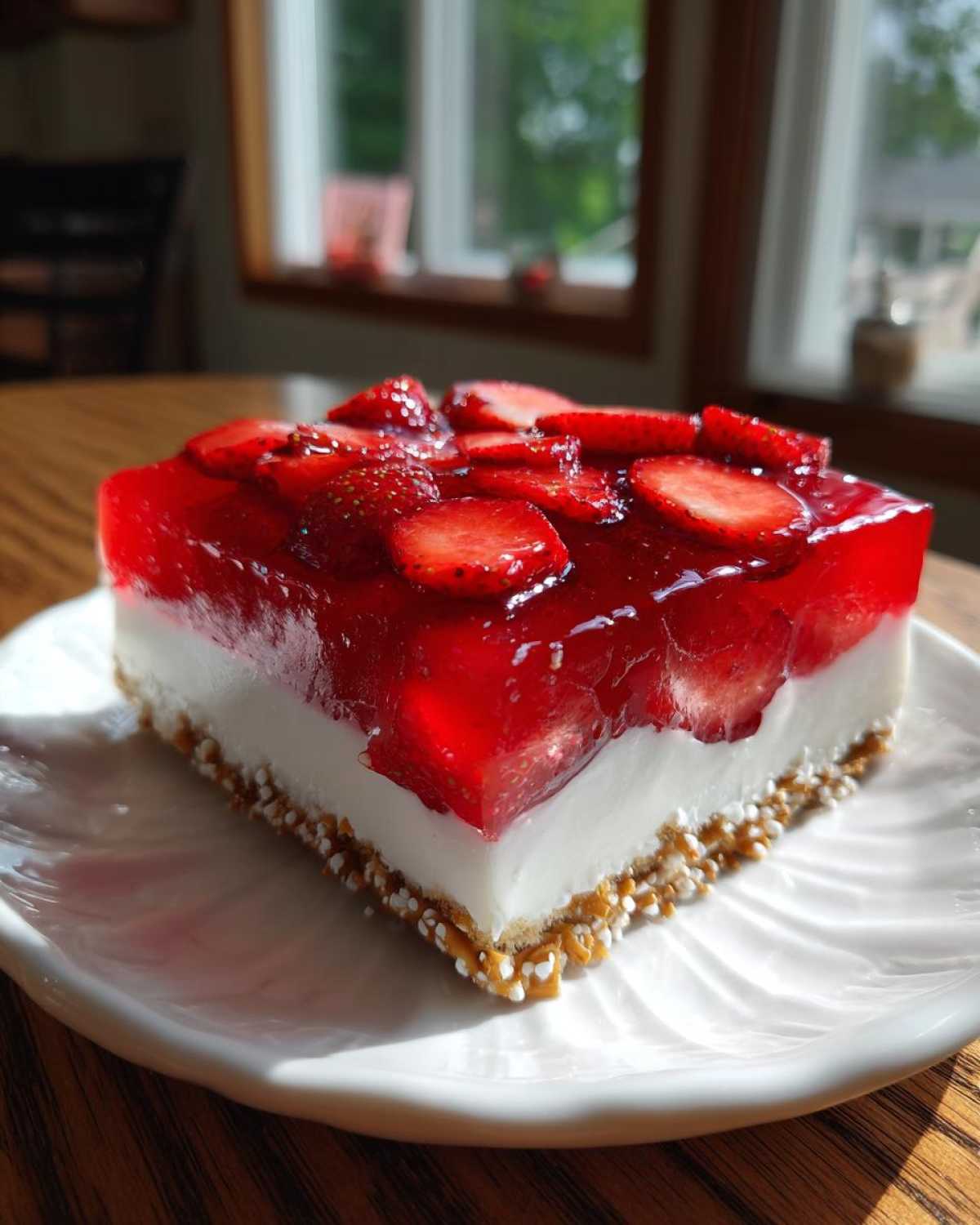 A square slice of three-layer strawberry pretzel salad with a pretzel crust, cream cheese layer, and bright red strawberry gelatin topping.