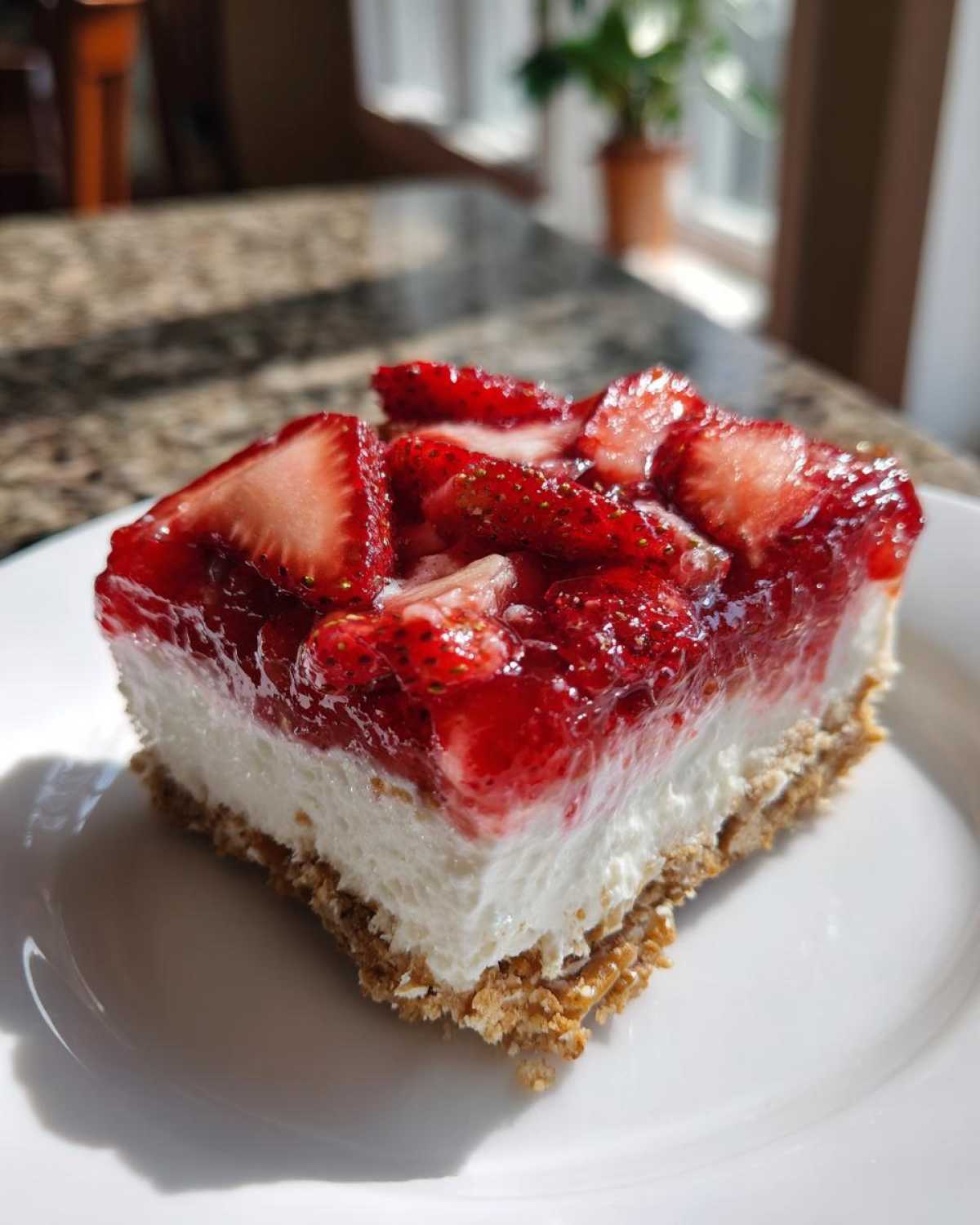 A square slice of strawberry pretzel salad showing the pretzel crust, cream cheese layer, and strawberry topping.