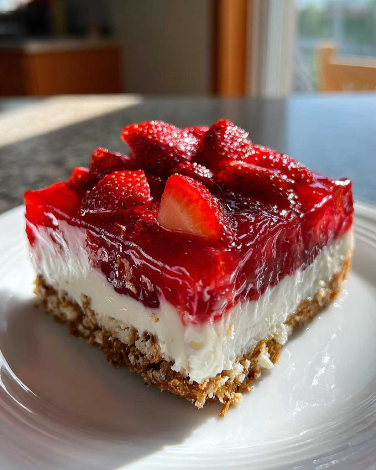 A close-up of a square slice of strawberry pretzel salad showing the pretzel crust, cream cheese layer, and strawberry gelatin topping.