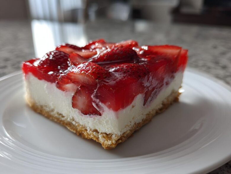 A close-up of a square slice of strawberry pretzel salad showing the pretzel crust, cream cheese layer, and strawberry gelatin topping.