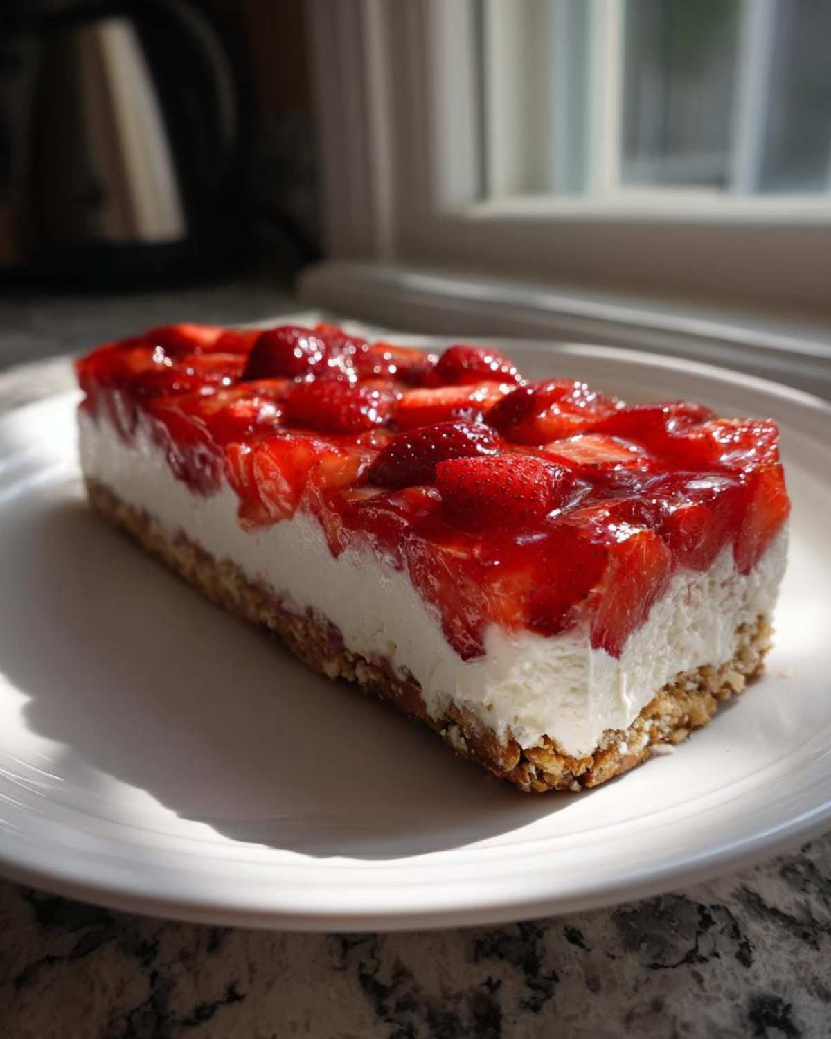 A rectangular slice of layered strawberry pretzel salad showing the pretzel crust, cream cheese layer, and shiny strawberry topping.
