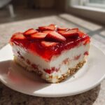 A perfect square slice of strawberry pretzel salad showing the crust, cream cheese layer, and strawberry gelatin topping.