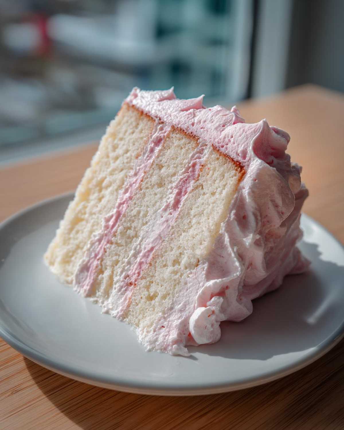 Close-up of a tall slice of Strawberry Whipped Cream Cake showing layers of white cake and pink filling on a light blue plate.