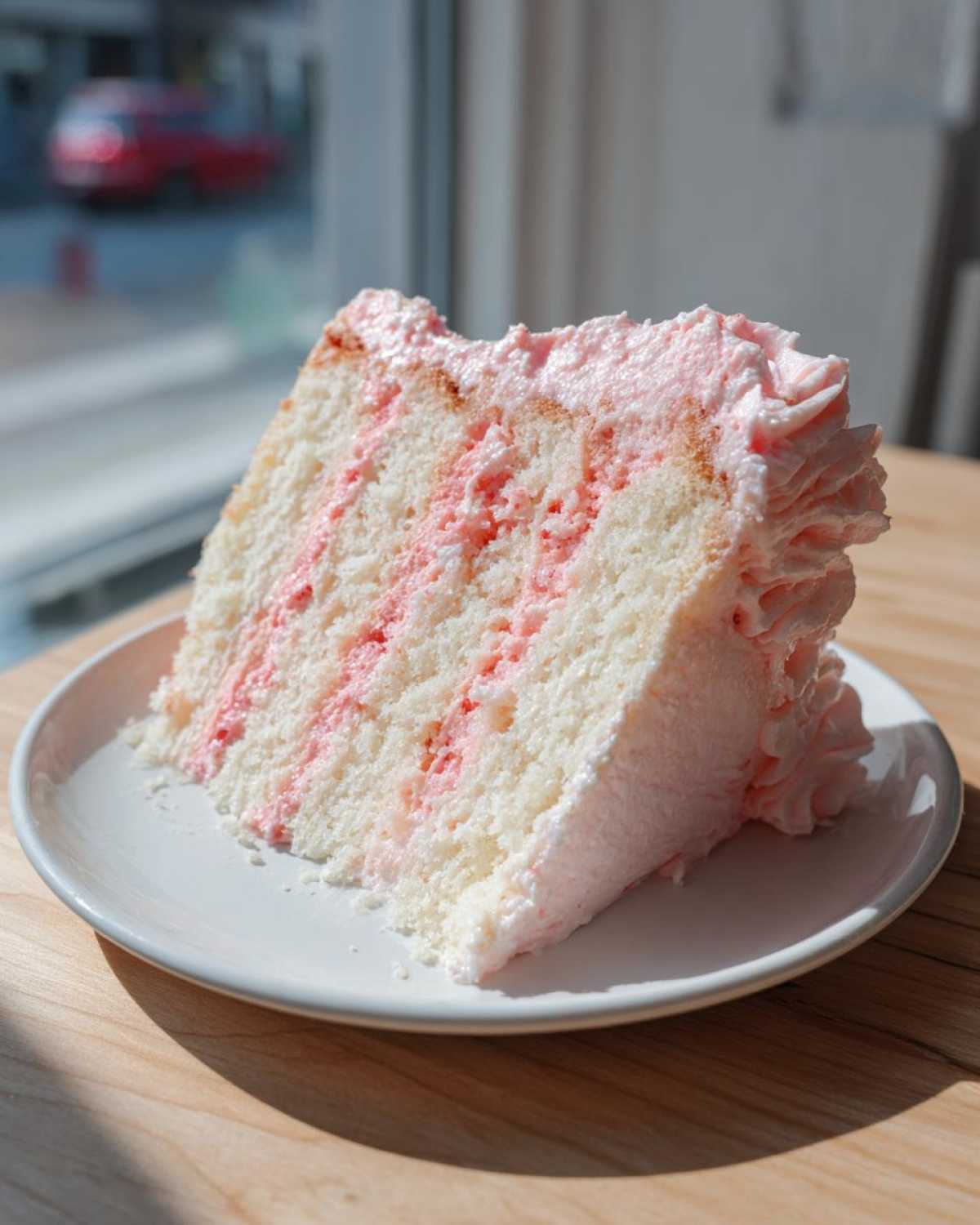 A tall slice of Strawberry Whipped Cream Cake showing white layers and pink filling, served on a white plate.