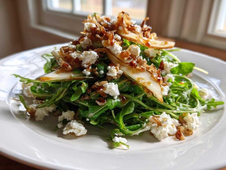 A vibrant pear salad featuring arugula, crumbled white cheese, and caramelized onions served on a white plate.