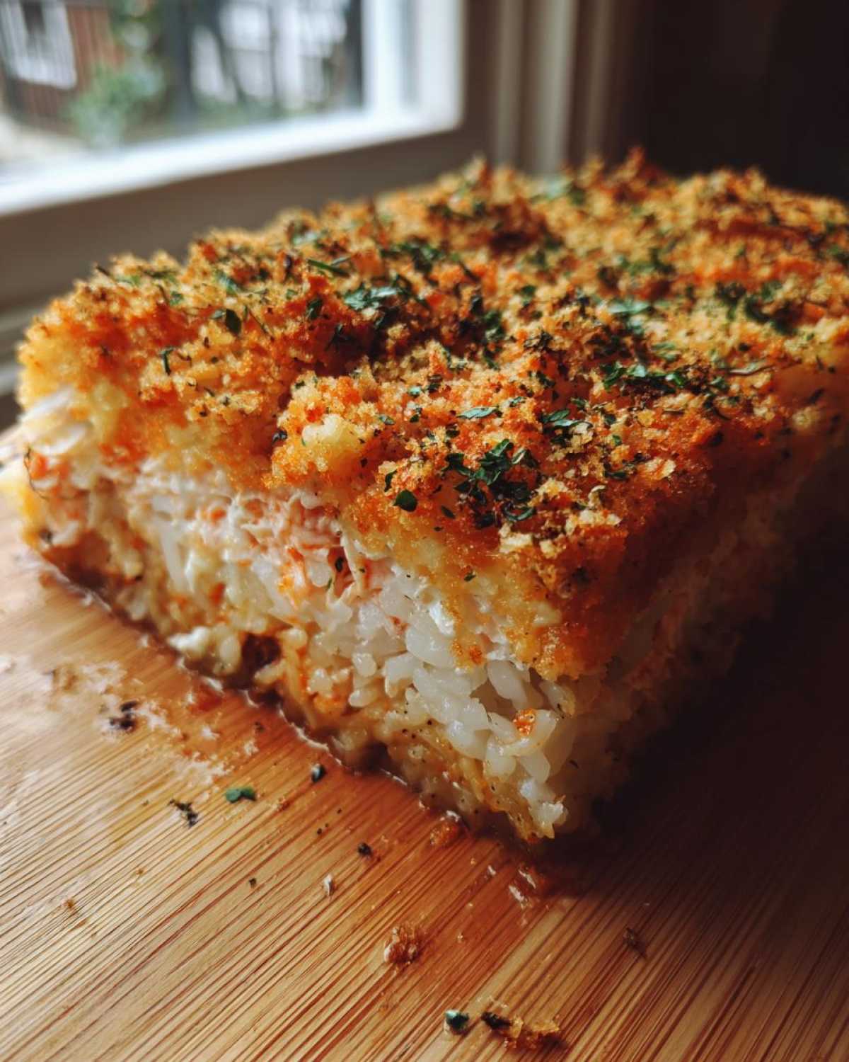 A close-up slice of baked sushi bake with a crispy orange topping and layers of rice and creamy filling.