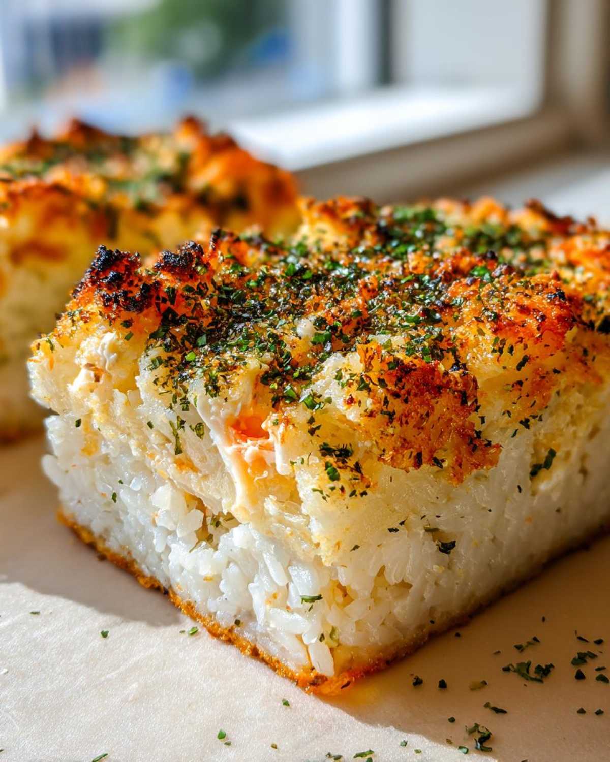 A close-up, golden-brown slice of sushi bake showing layers of rice and a creamy topping sprinkled with green herbs.