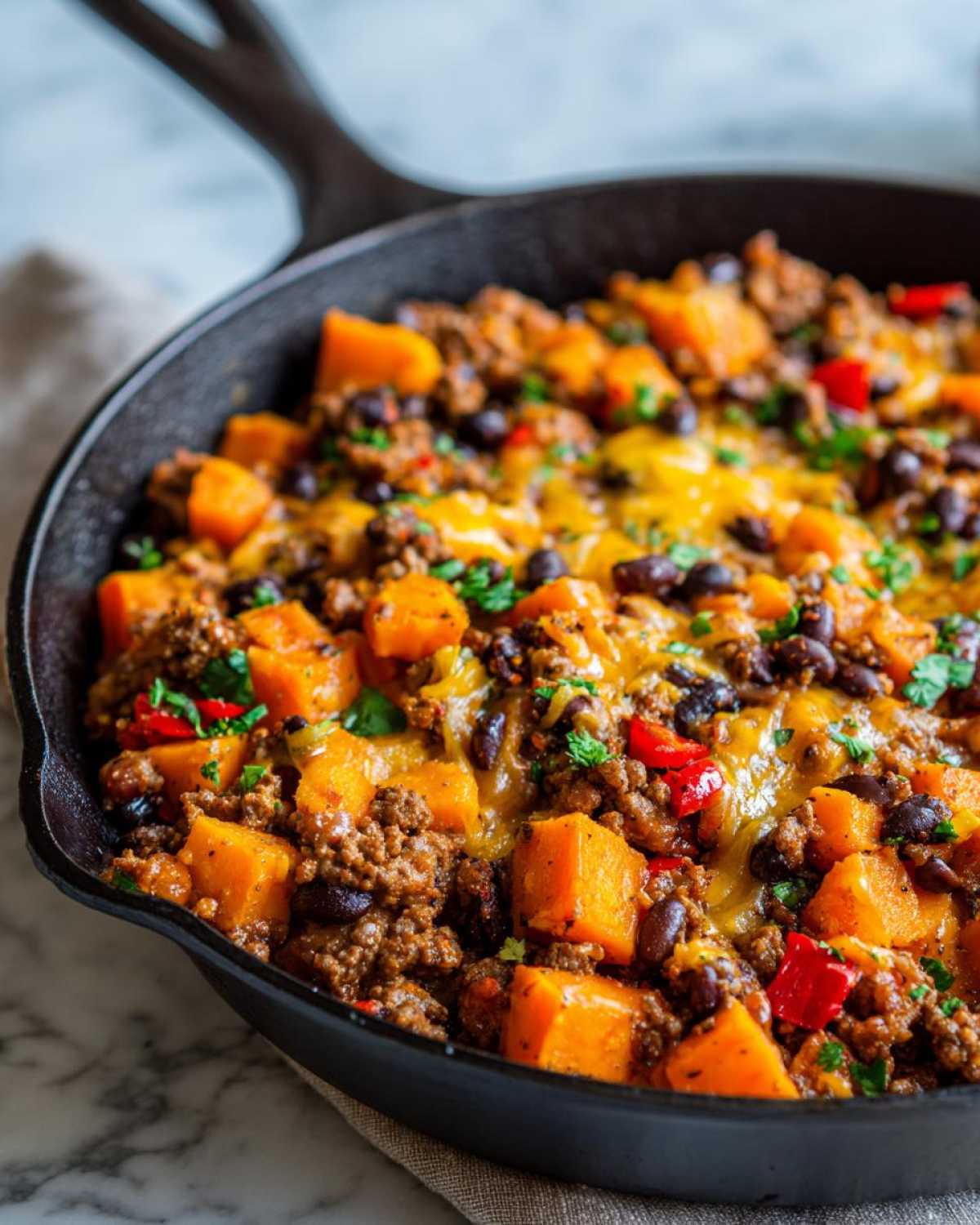 Close-up of a cast iron skillet filled with a hearty sweet potato skillet dinner featuring ground meat, black beans, and melted cheese.