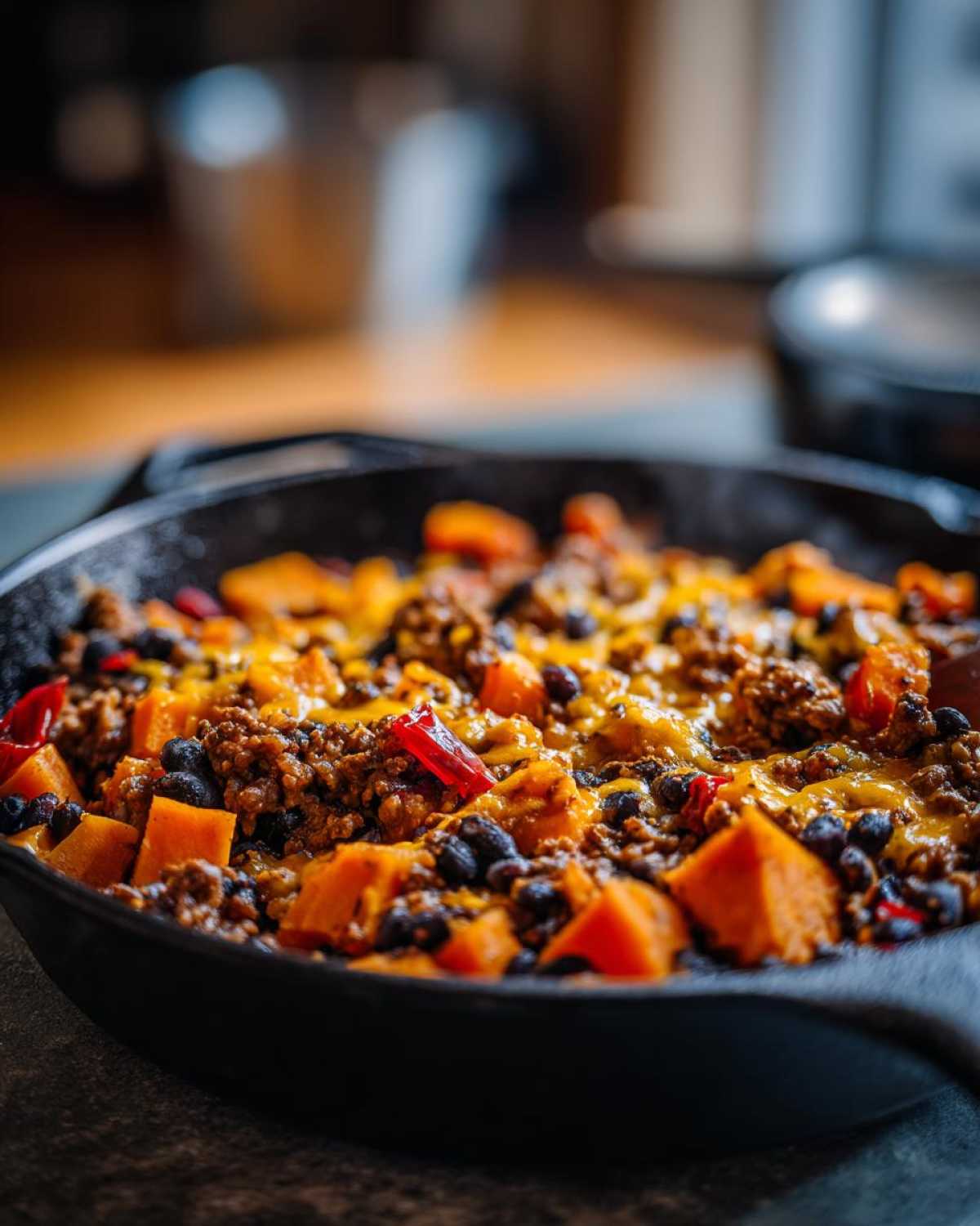 Close-up of a hearty sweet potato skillet filled with ground meat, black beans, orange sweet potato chunks, and melted cheese.