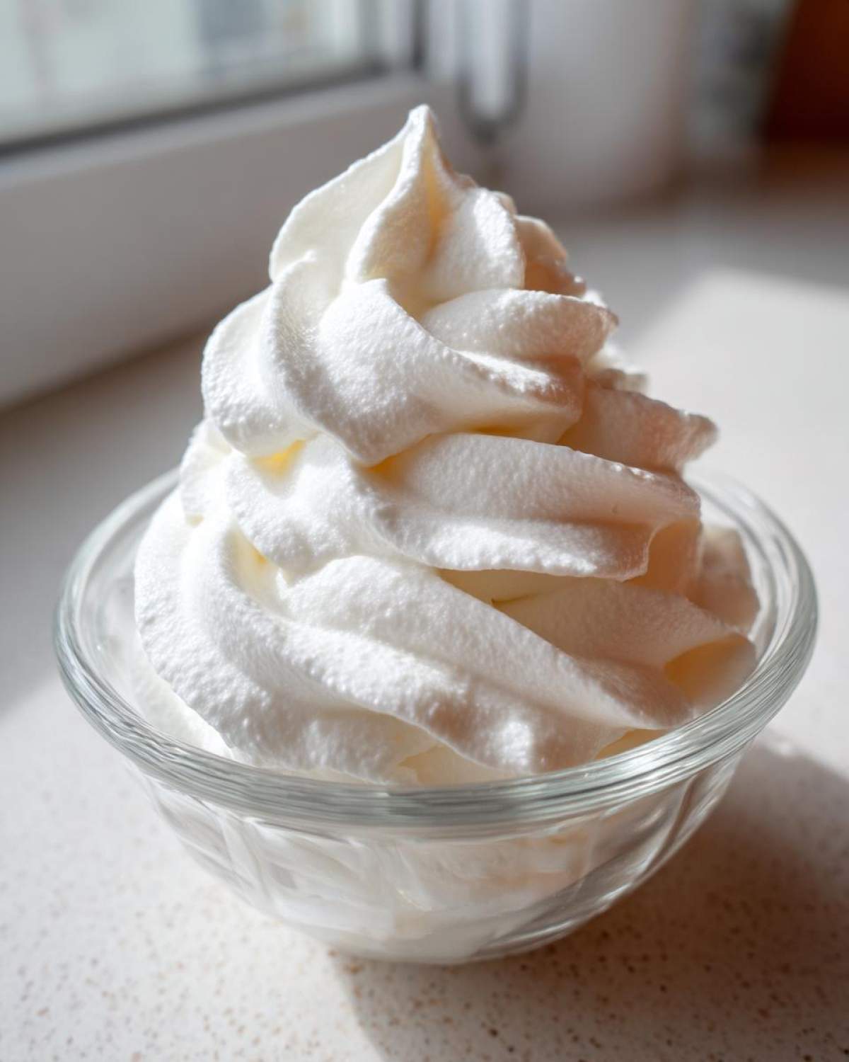 A perfectly piped swirl of white cottage cheese ice cream served in a small, clear glass bowl.