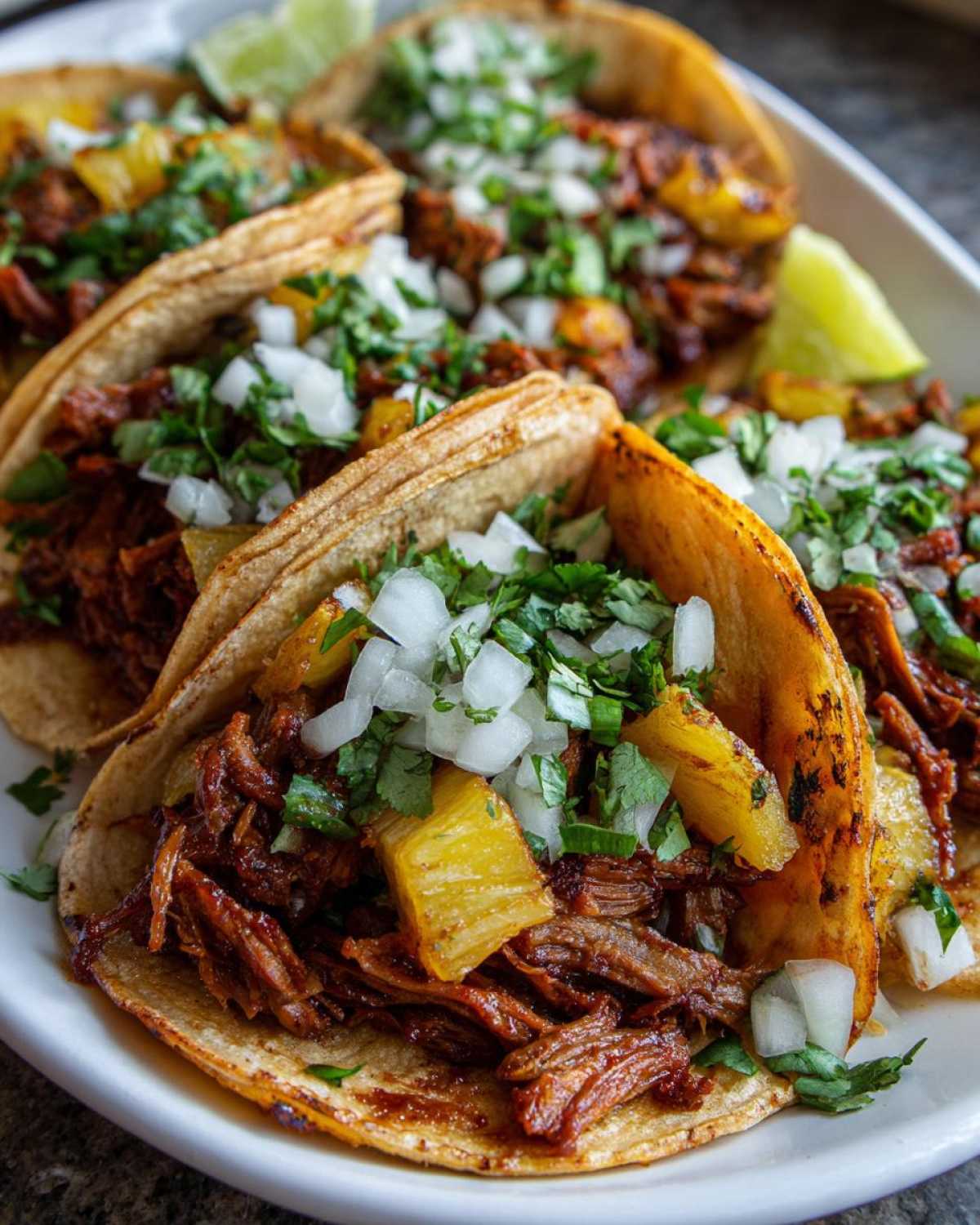 Close-up of several Tacos al pastor served on a white plate, topped with marinated pork, pineapple chunks, onion, and cilantro.