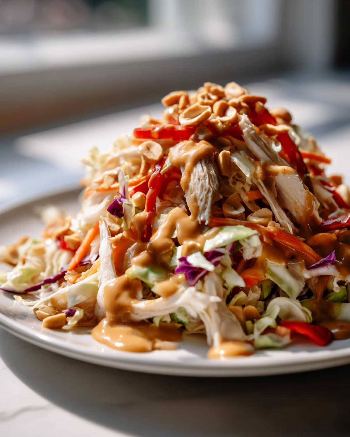 A vibrant mound of shredded cabbage, chicken, and red peppers topped with peanut sauce and chopped peanuts, representing a delicious thai chicken salad.