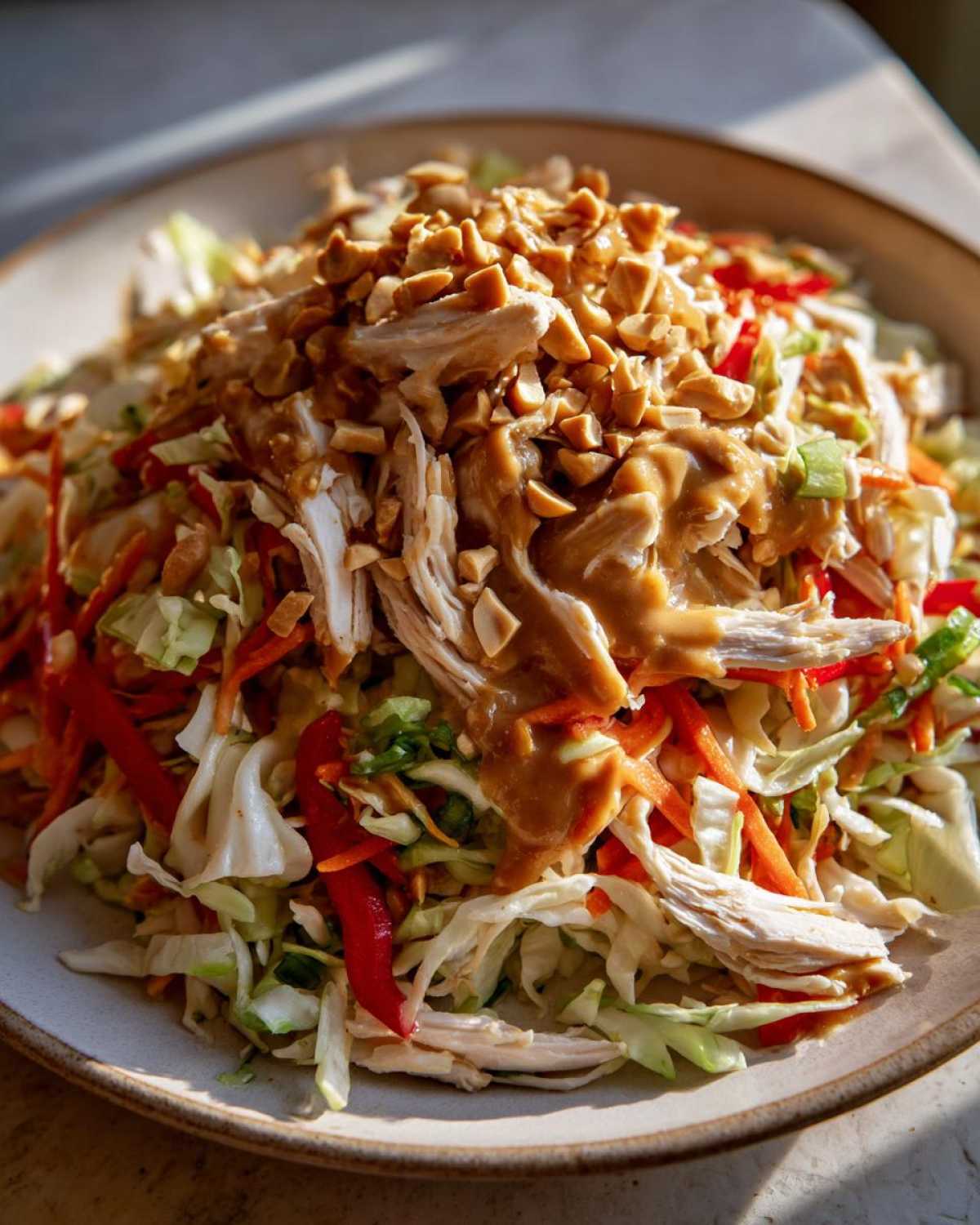 A close-up view of a vibrant thai chicken salad featuring shredded chicken, crisp cabbage, carrots, red peppers, and a rich peanut dressing topped with chopped peanuts.