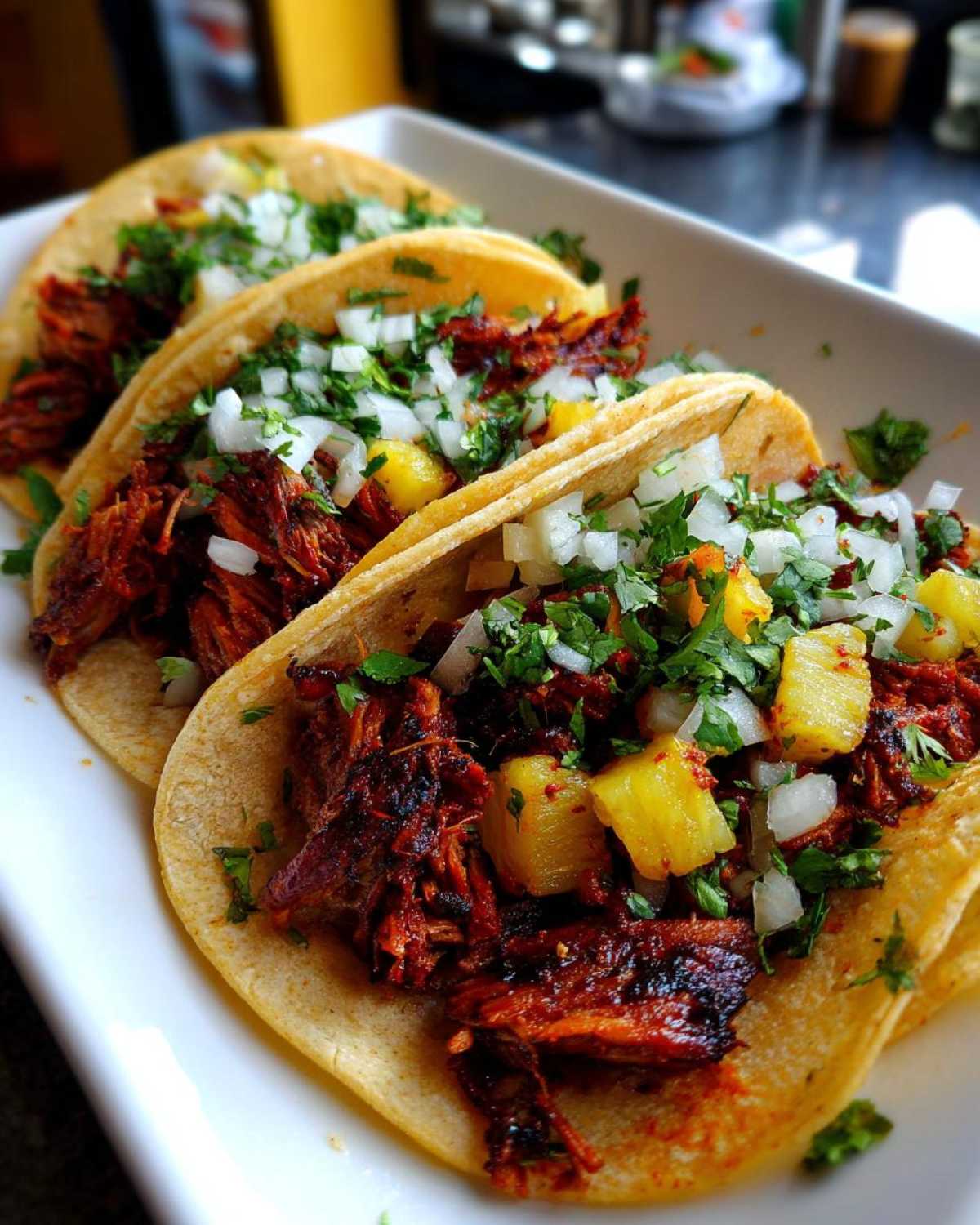 Three freshly prepared Tacos al pastor served on a white plate, topped with marinated pork, pineapple, onion, and cilantro.