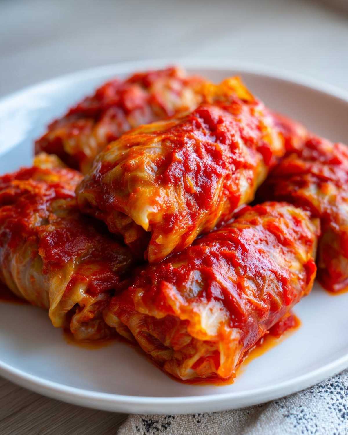 Close-up of several savory cabbage rolls smothered in a bright red tomato sauce, served on a white plate.