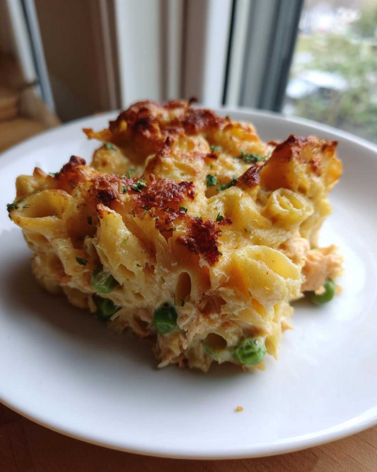 A close-up serving of cheesy, baked tuna pasta bake with visible green peas on a white plate.