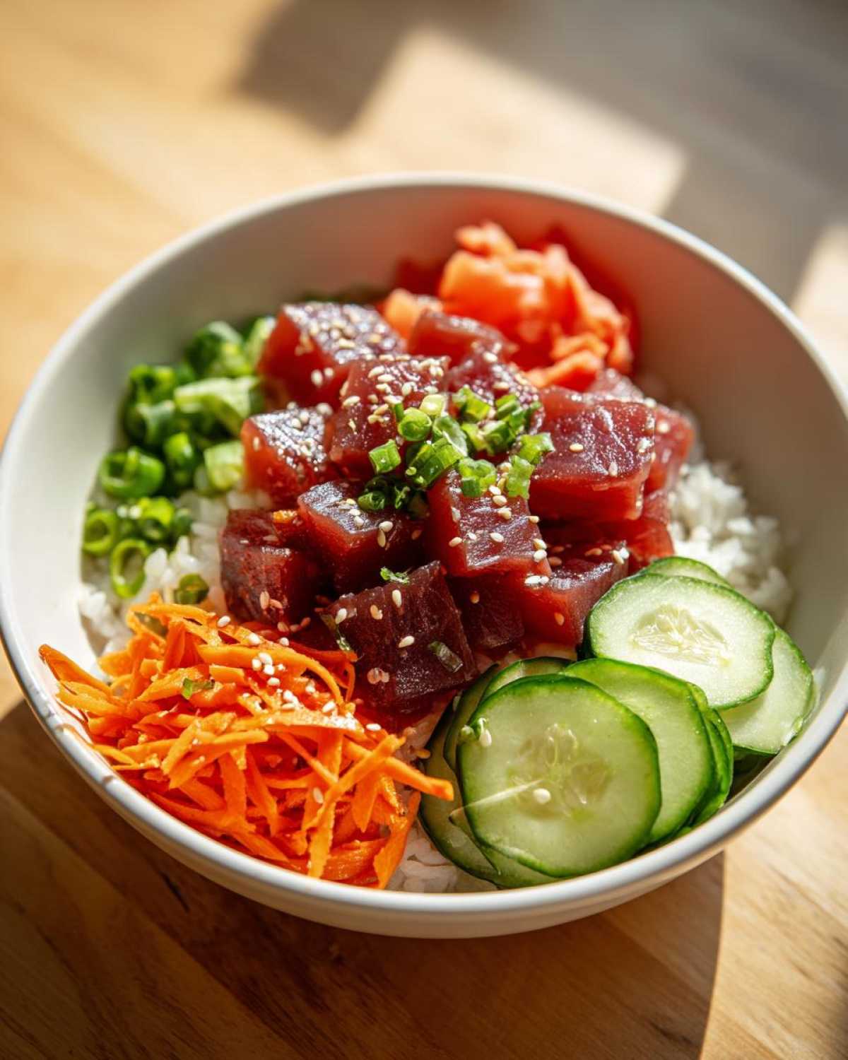Close-up of a vibrant Tuna Poke Bowl featuring marinated raw tuna cubes over rice, topped with sesame seeds, green onions, carrots, cucumbers, and pickled ginger.