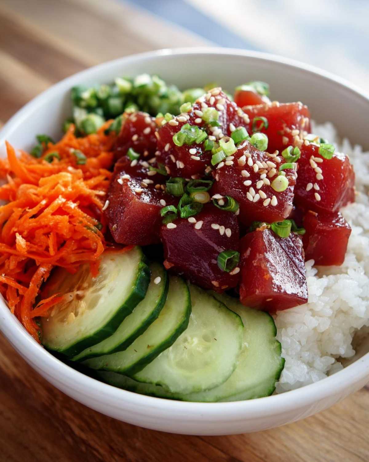 Close-up of a vibrant Tuna Poke Bowl featuring marinated tuna cubes, white rice, sliced cucumbers, and shredded carrots.