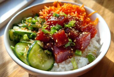A vibrant close-up of a Tuna Poke Bowl featuring marinated tuna, rice, cucumbers, shredded carrots, and green onions.