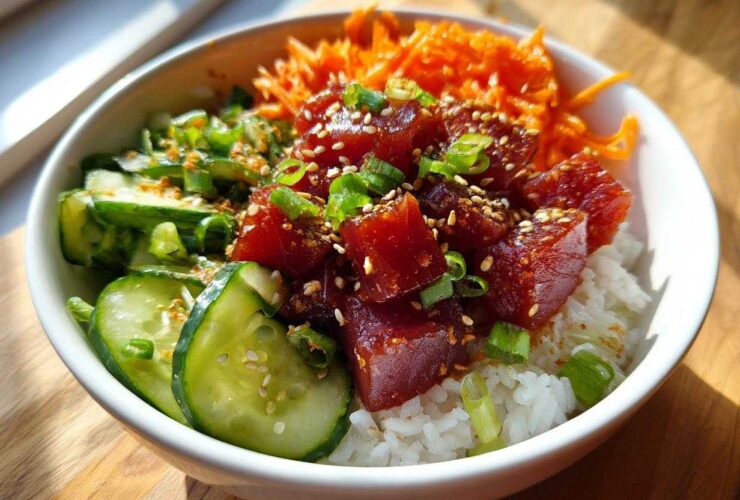 A vibrant close-up of a Tuna Poke Bowl featuring marinated tuna, rice, cucumbers, shredded carrots, and green onions.