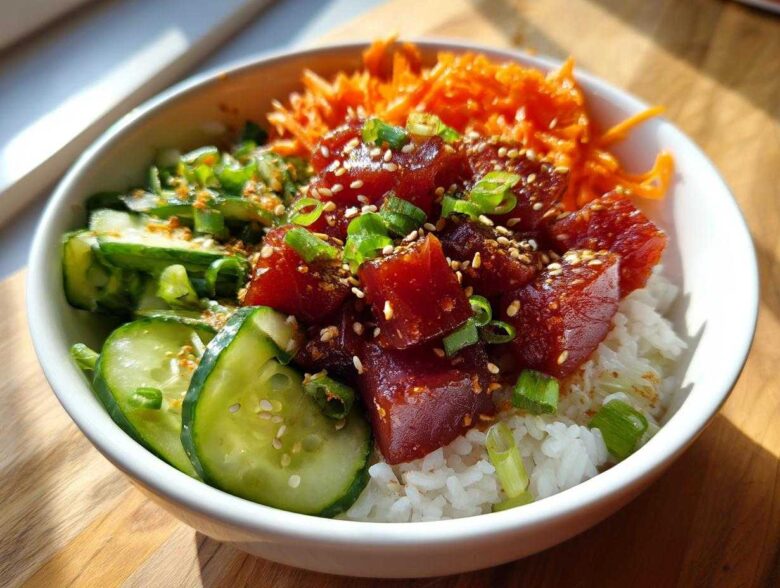 A vibrant close-up of a Tuna Poke Bowl featuring marinated tuna, rice, cucumbers, shredded carrots, and green onions.