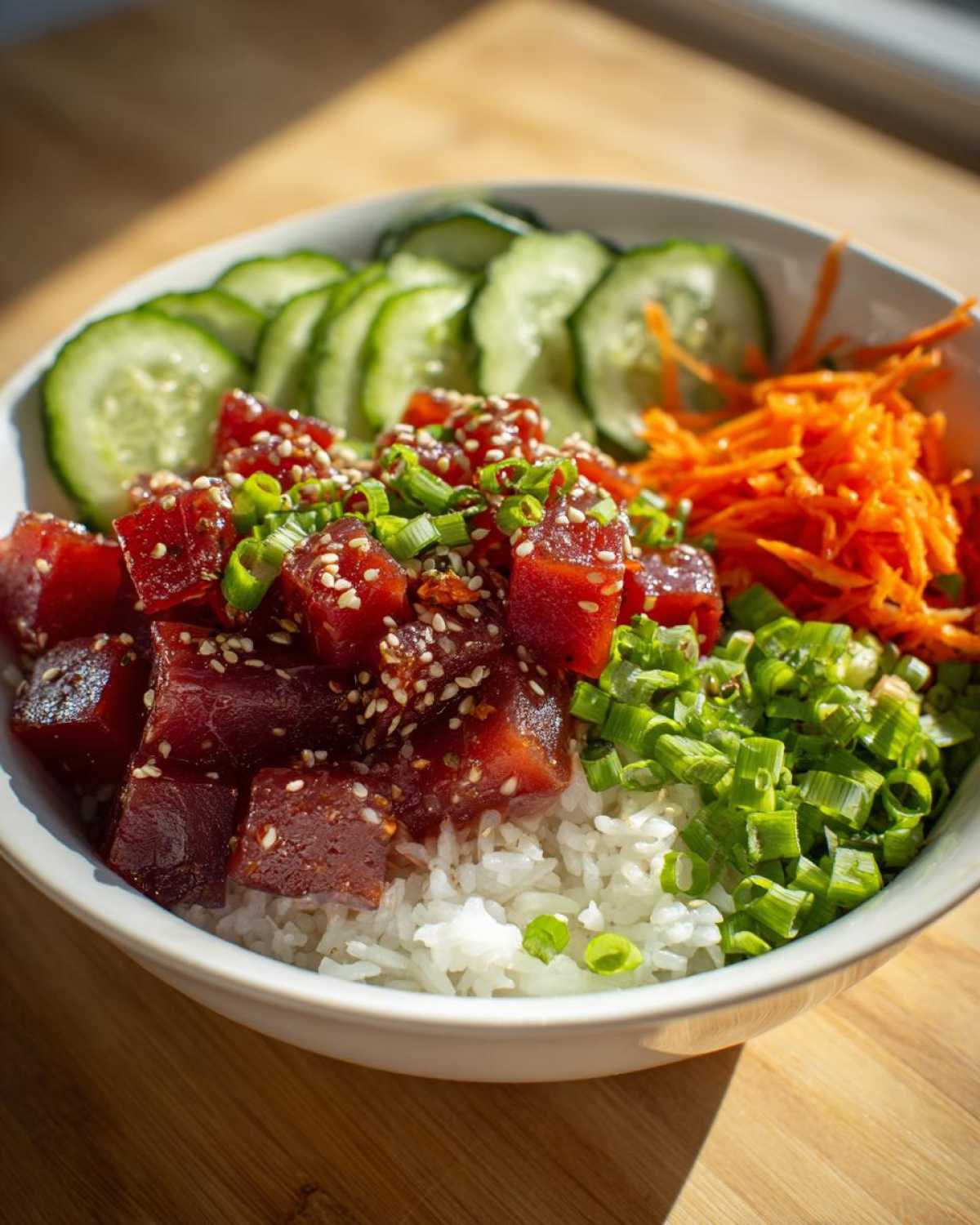 Close-up of a vibrant Tuna Poke Bowl featuring marinated raw tuna cubes over white rice, topped with sesame seeds and green onions.