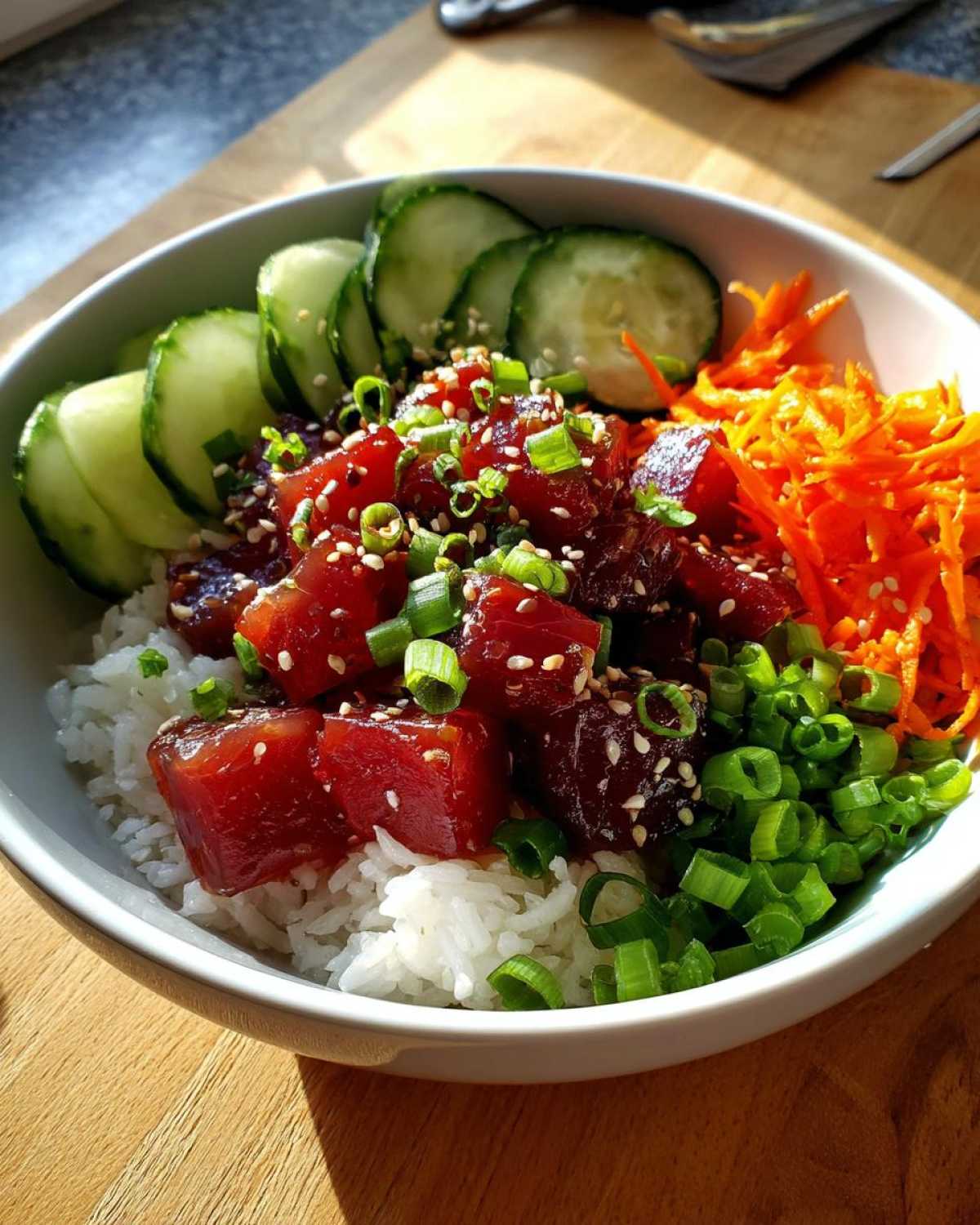 A close-up of a delicious Tuna Poke Bowl featuring marinated tuna cubes over white rice, garnished with sliced cucumbers, shredded carrots, and green onions.