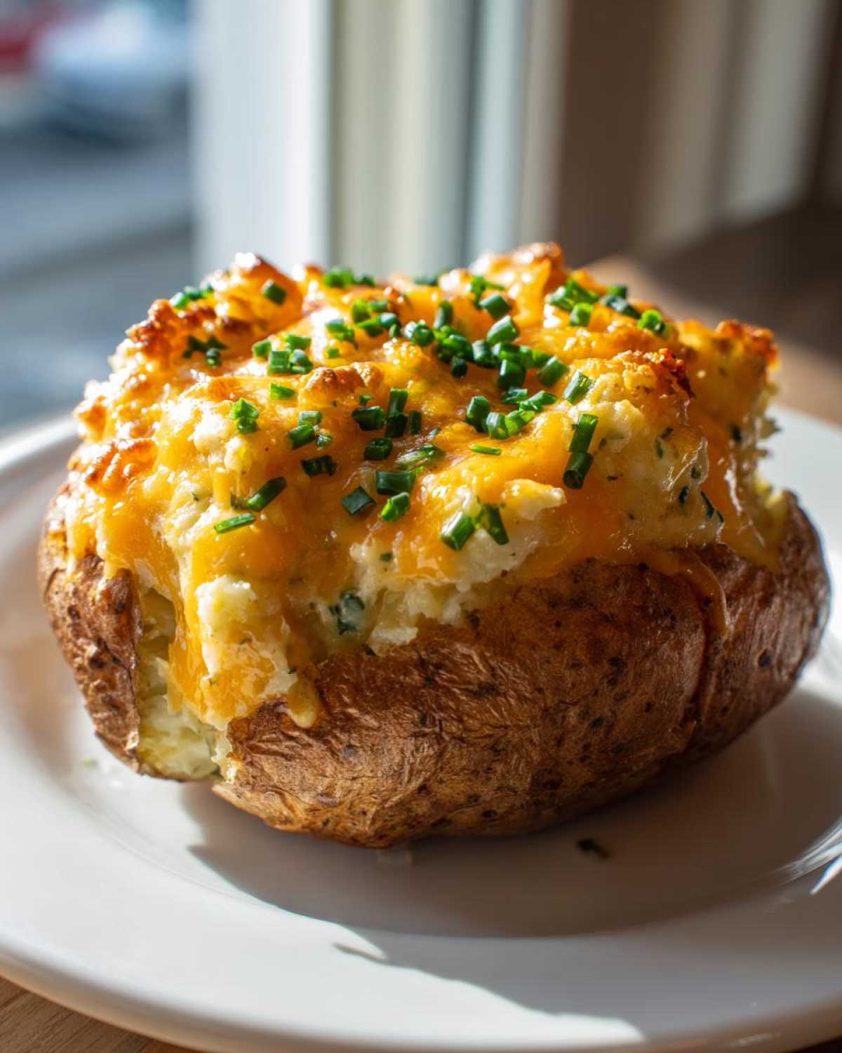 A close-up of a delicious twice baked potato stuffed with cheesy mashed filling and topped with fresh green chives.