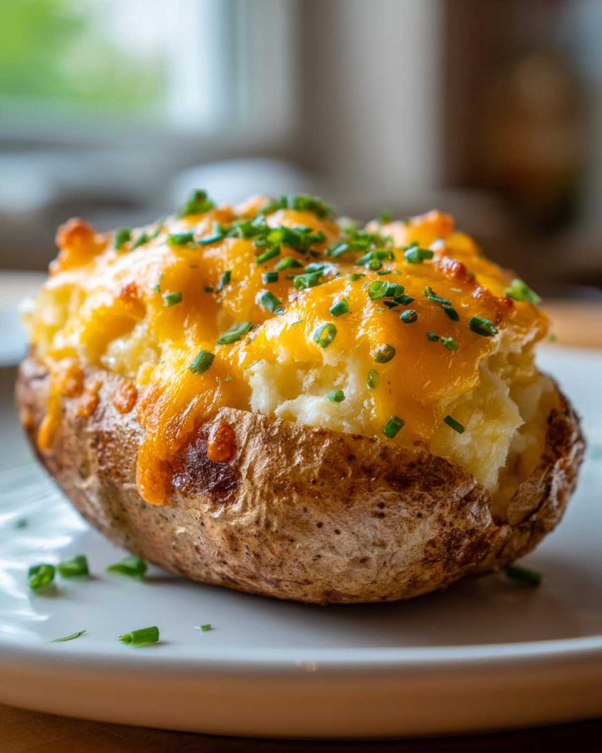 A close-up of a perfectly cooked twice baked potato topped with melted cheddar cheese and fresh chives.