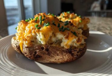 A close-up of a delicious twice baked potato, loaded with creamy filling, melted cheddar cheese, and fresh chives.