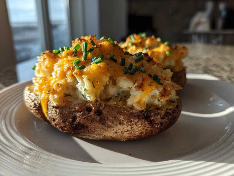 A close-up of a delicious twice baked potato, loaded with creamy filling, melted cheddar cheese, and fresh chives.