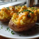 Four servings of perfectly prepared twice baked potatoes, topped with melted cheddar cheese and fresh chives.