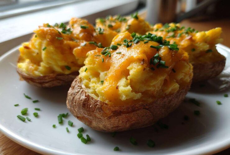 Four servings of perfectly prepared twice baked potatoes, topped with melted cheddar cheese and fresh chives.